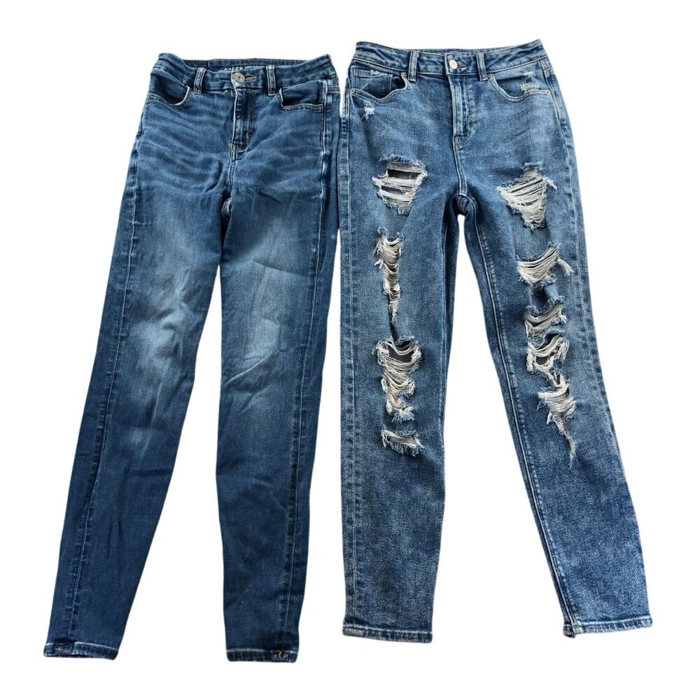 2 American Eagle Women Jeans Size 00 Lot Of Two Distressed Blue Denim Skinny Leg